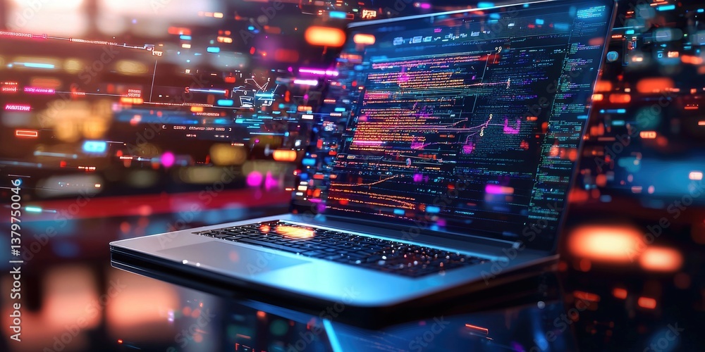 Poster A sleek, modern computer gleamed under the glow of digital screens, its user immersed in the boundless realm of the internet. The futuristic background was a tapestry of
