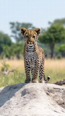 Obraz premium Young Leopard Standing Proudly on Rock in Natural Habitat