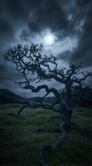 Twisted ancient tree under a moody night sky.  Perfect for fantasy, mystery, or horror themes.