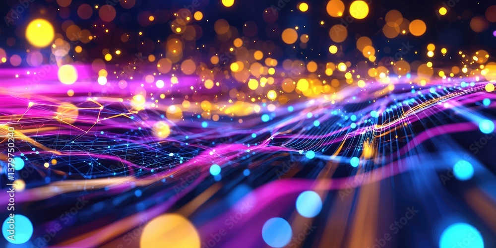Aufkleber A vibrant, abstract symphony of connected dots and lines, pulsating with digital energy, representing the intricate dance of data flow in the realm of cutting-edge AI tec
