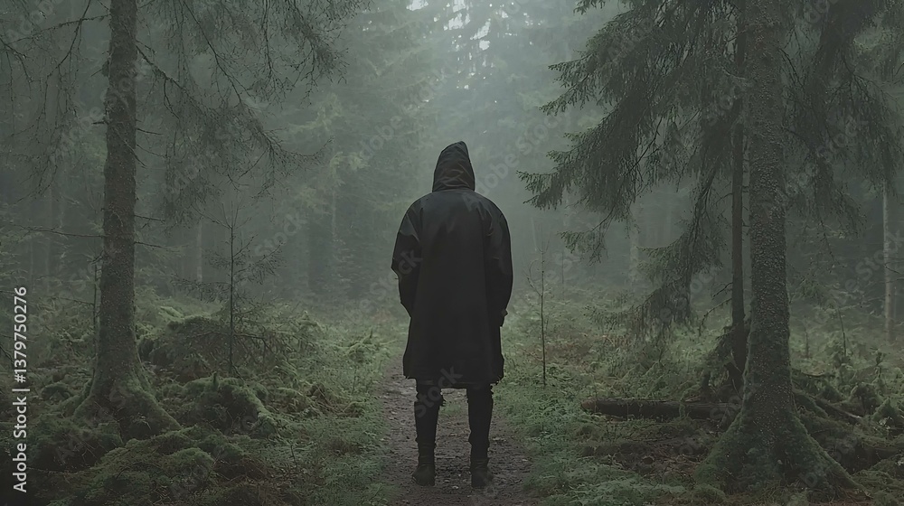 Poster mysterious hooded figure standing on a path in a misty forest.