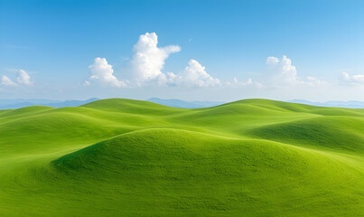 Lush Green Fields with Rolling Hills Under Bright Blue Sky