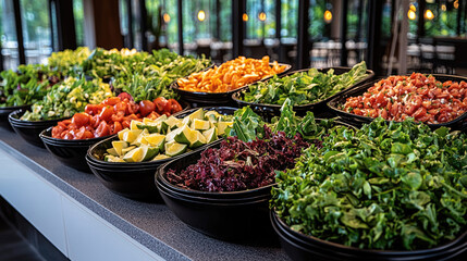 Fresh salad bar filled with variety of colorful vegetables, including greens, tomatoes, and citrus. vibrant display invites healthy eating and promotes lively atmosphere