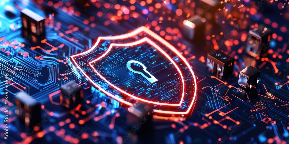 Poster A digital shield, a circuit board adorned with intricate locks, symbolizing the robust security technology safeguarding sensitive business information in the digital age.