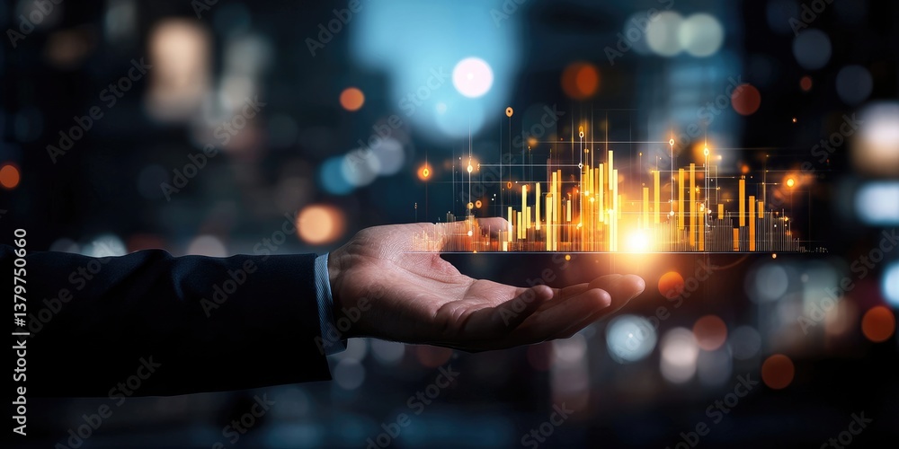 Poster A sleek, dark background pulsates with a 3D representation of a digital marketing data graph, held in a confident hand of a businessman, illuminated by an ethereal glow.