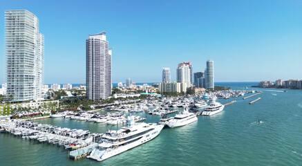 Miami beach cityscape. Miami summer aerial view. Miami Beach shoreline. South Beach Miami aerial view. Blue ocean in Florida skyline. Miamis cityscape.