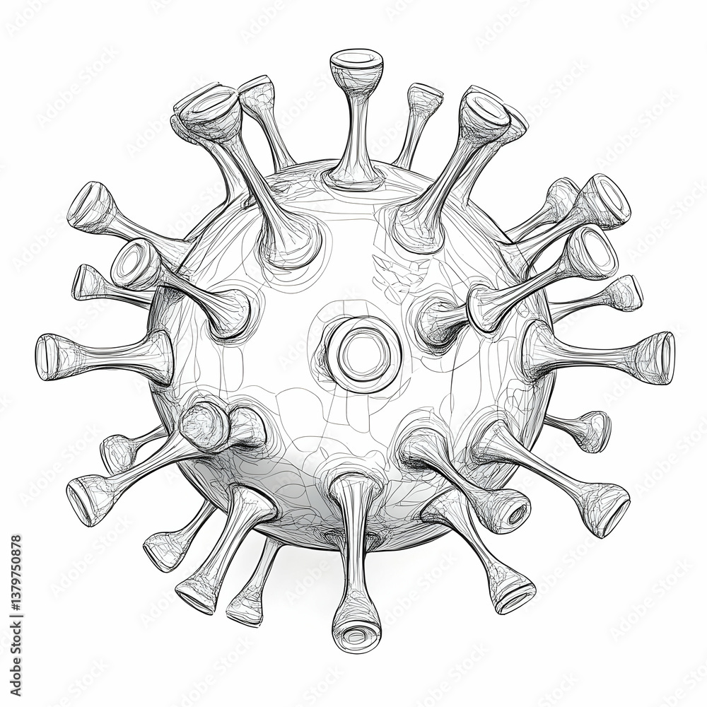 Poster basic line drawing of a virus with detailed structure and features