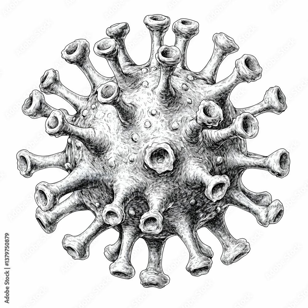 Poster basic line drawing of virus with key features and details