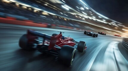 Formula One cars speeding down a night track, with motion blur in 3D rendering. 