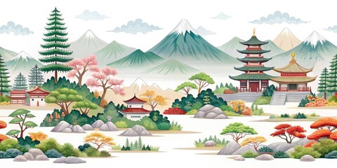 Fototapeta premium Serene Japanese Landscape Portrait Photography: Mount Fuji, Cherry Blossoms, Bamboo Forest, Autumn Leaves, Rice Paddy