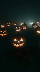 Spooky Halloween Jack-o'-lanterns in foggy field at night.