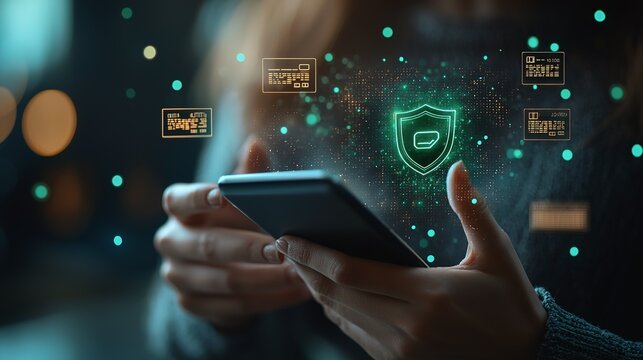 Person Using Smartphone with Data Protection Shield Graphics