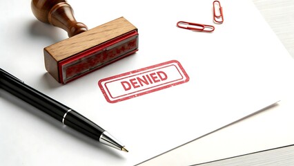 Denied document stamp paper pen clip rejection application refusal business office wooden desk form