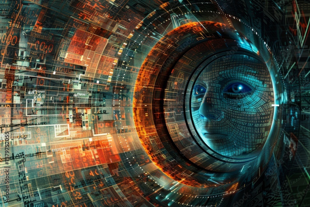 Poster Futuristic digital face embedded in a network of circuits and data, symbolizing the concept of artificial intelligence and technology integration.