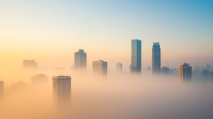 Obraz premium Mitigating Climate Change and Global Warming for a Sustainable Future, Misty skyline of modern skyscrapers bathed in soft sunrise hues.