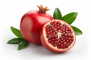 Fresh whole and halved pomegranate fruit with vibrant red seeds and green leaves isolated on white background, showcasing natural color, texture, and juicy appeal