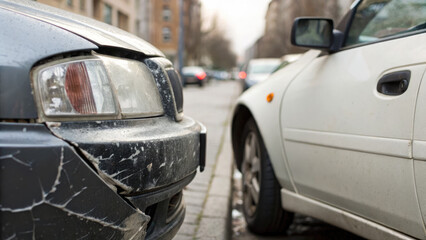 Close-up of two car bumpers touching with cracked paint, minor collision damage on vehicles in urban traffic, concept of road accidents and auto insurance claims.
