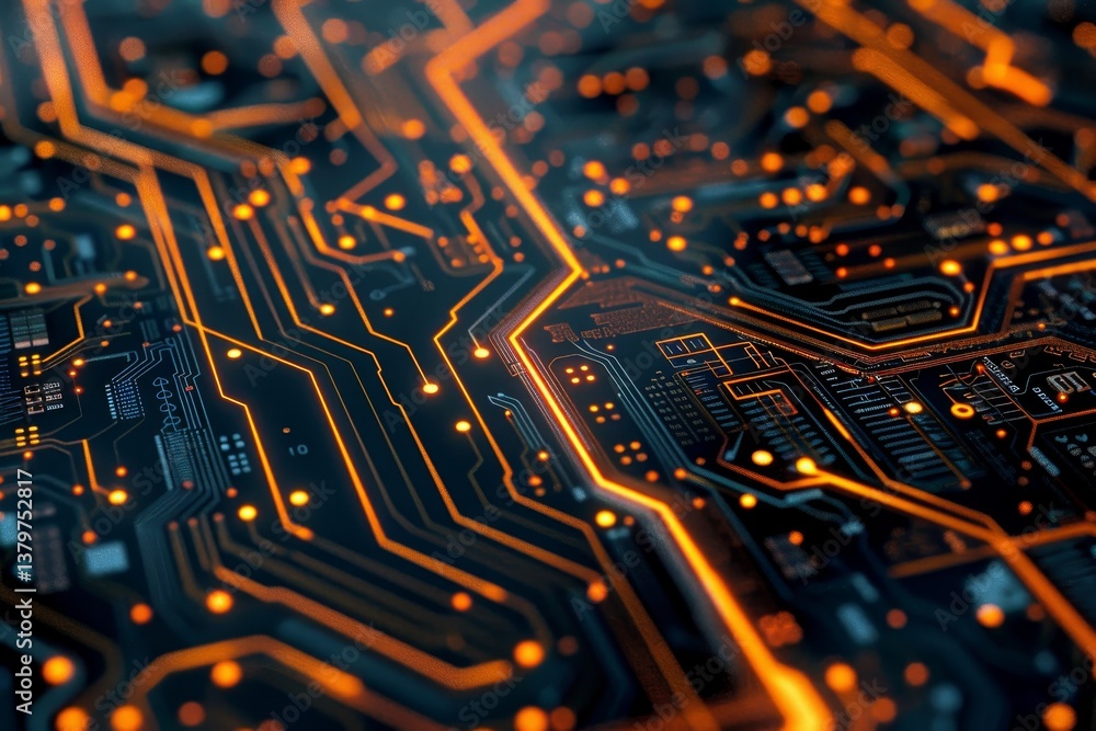 Poster a close-up view of a circuit board featuring intricate patterns with orange-colored traces resemblin