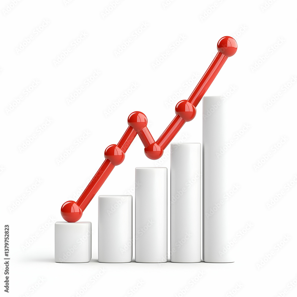 Poster positive growth graph with red line and three-dimensional bars