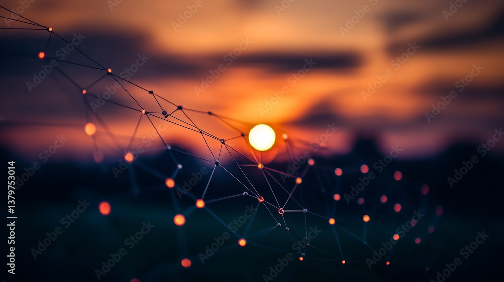 Poster a network of lines and nodes connects against the sunset. the network symbolizes communication and t