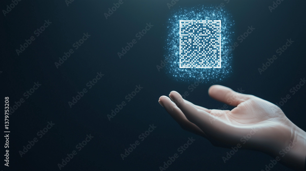 Poster digital touch: a hand seemingly interacting with a glowing, futuristic qr code, suggesting cutting-e