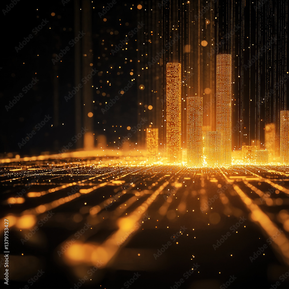 Aufkleber futuristic cityscape with glowing golden skyscrapers and digital particles creating vibrant atmosphe