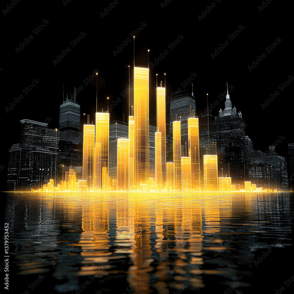 Aufkleber futuristic city skyline is illuminated with glowing yellow skyscrapers reflecting on water, creating