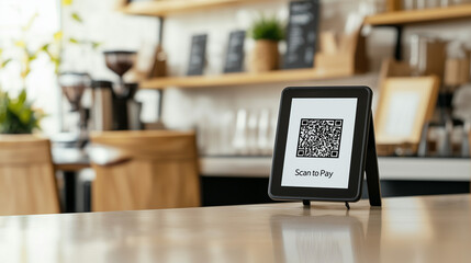 Modern Payment System: A close-up view showcases a tablet displaying a QR code for contactless payment, set on a stylish counter with a blurred cafe interior in the background.