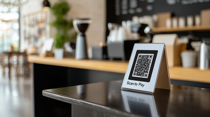 QR Code at Cafe Counter: A sleek QR code sign, inviting quick and contactless transactions, stands on a cafe counter, amidst the warm ambiance of a bustling coffee shop.