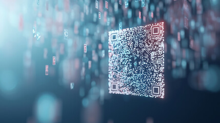 Decoding the Digital Realm: A luminous QR code floats amidst a vibrant array of digital data, illuminating the concept of connectivity and information transfer.