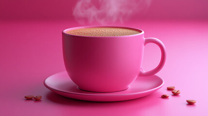 Pink Coffee Cup on Saucer with Coffee Beans on VIBRANT Pink Background
