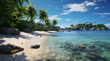 Serene Tropical Beach Paradise: Crystal Clear Waters, Lush Palm Trees, and a Secluded Island Getaway