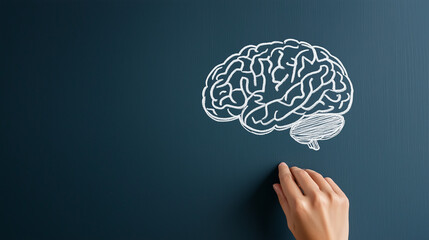 Hand Sketching Brain Concept: A hand drawing a white brain outline, set against a modern, minimalist background, representing the power of intellect and creativity.