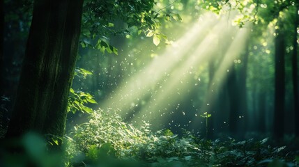 Fototapeta premium Sunbeams Dancing in the Emerald Forest: A Serene Nature Photography