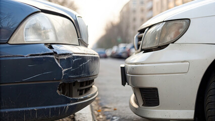 Close-up of two car bumpers touching with cracked paint, minor collision damage on vehicles in urban traffic, concept of road accidents and auto insurance claims.