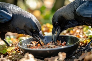 Fototapeta premium Ravens feasting on a food bowl filled with colorful scraps in a vibrant outdoor setting, Close up of raven crows eating from a food bowl on the ground on a sunny day