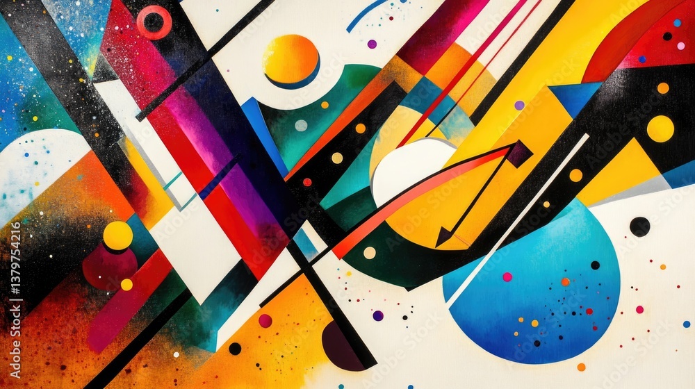 Poster vibrant abstract composition showcases intersecting lines, circles, and colors, creating an energeti