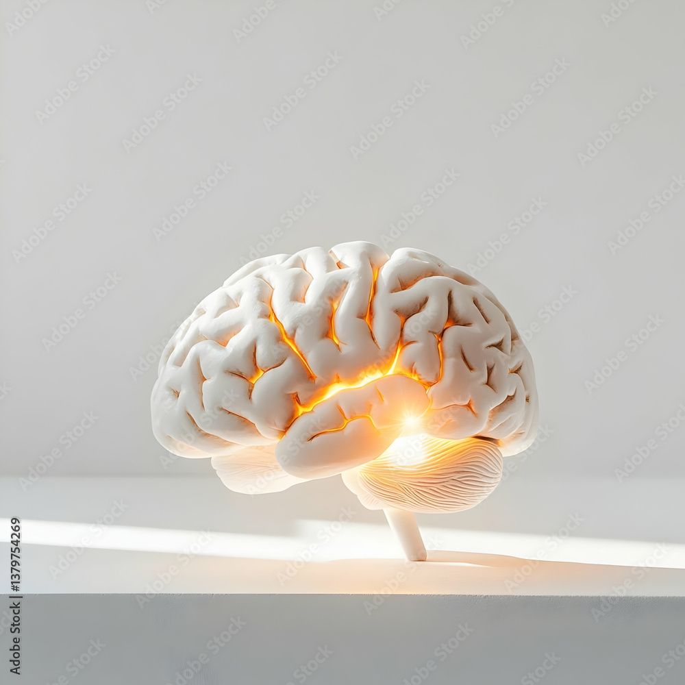 Poster simple white brain with shining light in a minimalistic setting