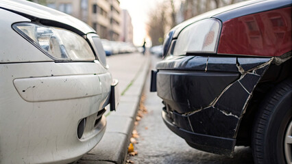 Obraz premium Close-up of two car bumpers touching with cracked paint, minor collision damage on vehicles in urban traffic, concept of road accidents and auto insurance claims.