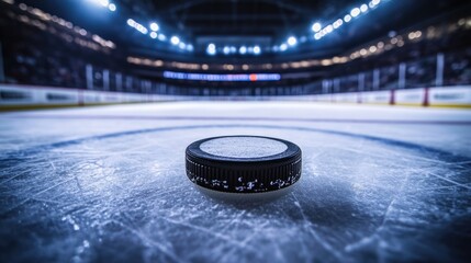 An ice hockey puck lies on the rink's surface, waiting for the players to start an exciting match in a vibrant arena