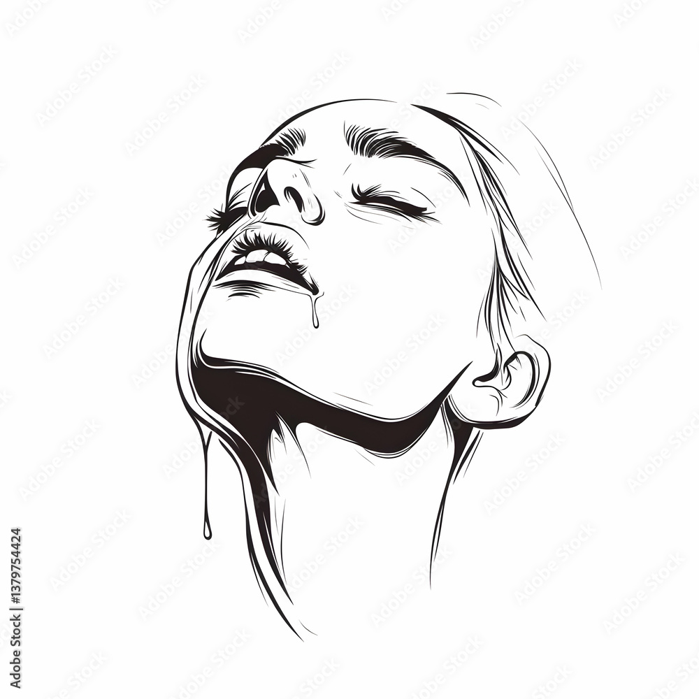 Poster simple line drawing of a person crying with expressive emotion
