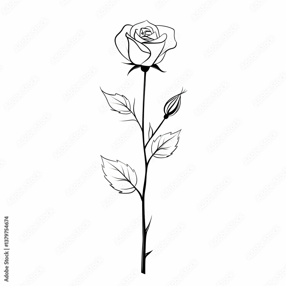Poster simple line art sketch of a single rose with soft features
