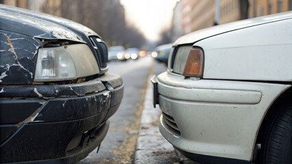 Close-up of two car bumpers touching with cracked paint, minor collision damage on vehicles in urban traffic, concept of road accidents and auto insurance claims.