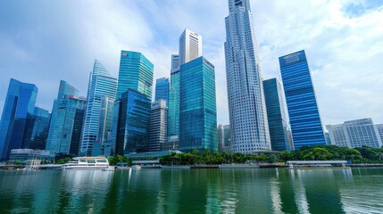 A modern skyscraper with reflective glass windows capturing the city skyline
