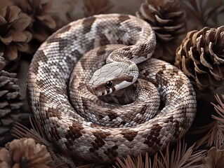 Fototapeta premium Coiled Snake Surrounded by Pine Cones Wildlife Close-up Nature Image