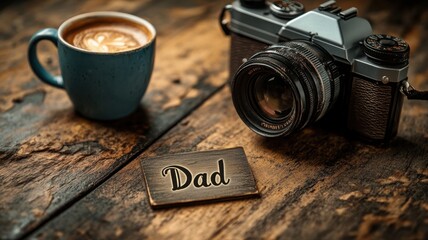 Rustic Father's Day setup with vintage camera and coffee cup on wooden background. Generative AI