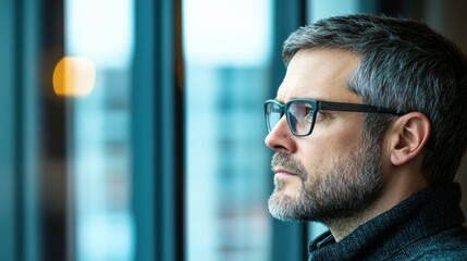 Fototapeta premium Contemplative man gazing out a window indoors.