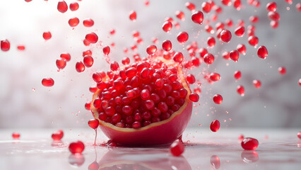 Pomegranate arils create ruby meteor shower. Marble captures membrane physics as juice sacs distort before bursting into dendritic patterns.