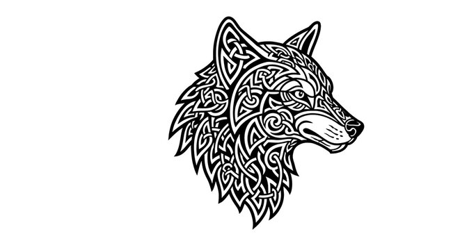 Celtic wolf head design, featuring interwoven knot patterns forming the shape of the animal, inspired by ancient Gaelic symbolism