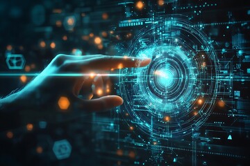 A hand gently touches a vibrant digital galaxy, exploring infinite possibilities within a mesmerizing teal and azure technological world.